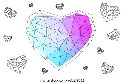 Light Pink, Blue vector love background with heart. Paper note. Valentine's greeting polygonal card. Triangular illustration for your business. Stock template for your design.