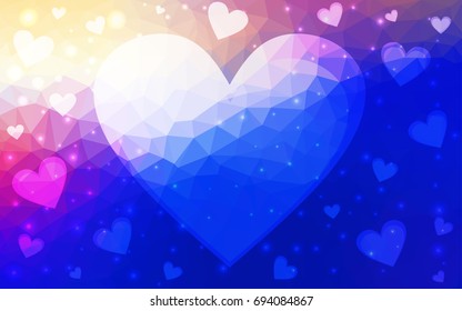 Light Pink, Blue vector love background with heart. Paper note. Valentine's greeting polygonal card. Triangular illustration for your business. Stock template for your design.