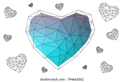 Light Pink, Blue vector love background with heart. Paper note. Valentine's greeting polygonal card. Triangular illustration for your business. Stock template for your design.