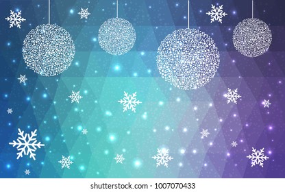 Light Pink Blue vector low poly crystal background with snowflakes. Polygon christmas design pattern . Low poly illustration of New Year celebration.