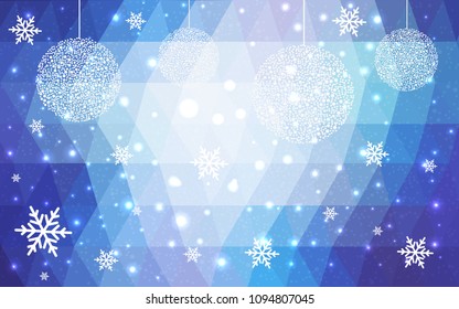 Light Pink Blue vector low poly crystal background with snowflakes. Polygon christmas design pattern . Low poly illustration of New Year celebration.