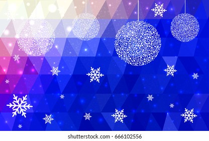 Light Pink Blue vector low poly crystal background with snowflakes. Polygon christmas design pattern . Low poly illustration of New Year celebration.
