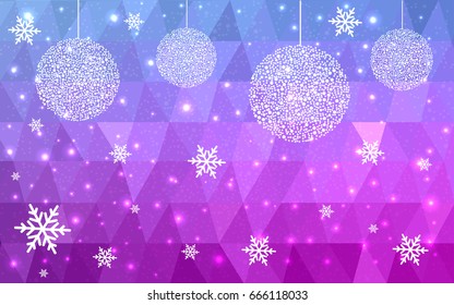 Light Pink Blue vector low poly crystal background with snowflakes. Polygon christmas design pattern . Low poly illustration of New Year celebration.