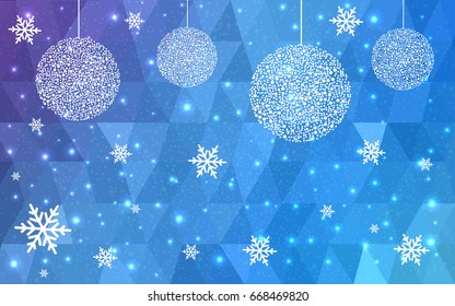 Light Pink Blue vector low poly crystal background with snowflakes. Polygon christmas design pattern . Low poly illustration of New Year celebration.