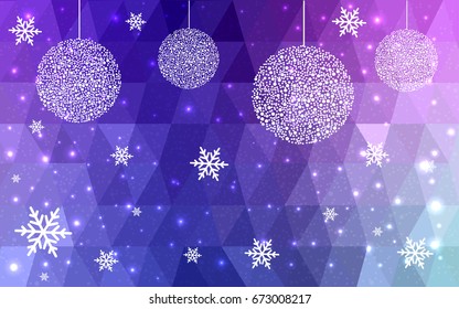 Light Pink Blue vector low poly crystal background with snowflakes. Polygon christmas design pattern . Low poly illustration of New Year celebration.
