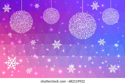 Light Pink Blue vector low poly crystal background with snowflakes. Polygon christmas design pattern . Low poly illustration of New Year celebration.