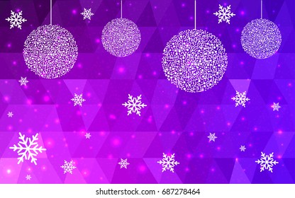 Light Pink Blue vector low poly crystal background with snowflakes. Polygon christmas design pattern . Low poly illustration of New Year celebration.