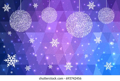 Light Pink Blue vector low poly crystal background with snowflakes. Polygon christmas design pattern . Low poly illustration of New Year celebration.