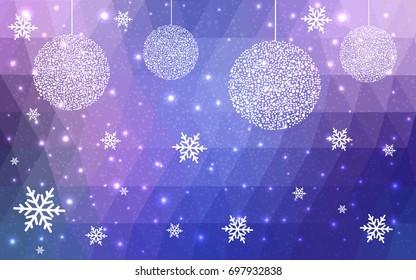 Light Pink Blue vector low poly crystal background with snowflakes. Polygon christmas design pattern . Low poly illustration of New Year celebration.