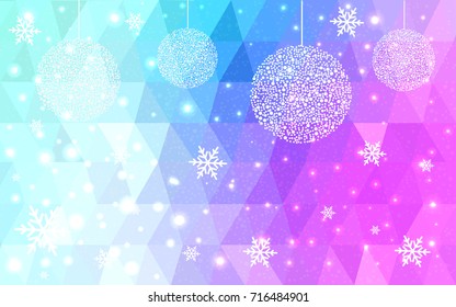 Light Pink Blue vector low poly crystal background with snowflakes. Polygon christmas design pattern . Low poly illustration of New Year celebration.