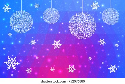 Light Pink Blue vector low poly crystal background with snowflakes. Polygon christmas design pattern . Low poly illustration of New Year celebration.