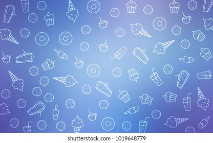Light Pink, Blue vector pattern with delicious cookies. Illustration with set of sweet food in doodle style. Template of children's food in cafe.