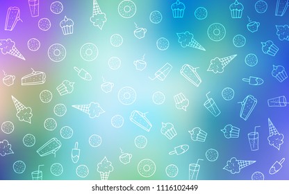 Light Pink, Blue vector pattern with delicious cookies. Decorative shining illustration with sweets on abstract template. Template of children's food in cafe.