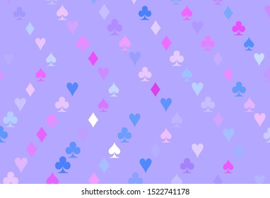 Light Pink, Blue vector pattern with symbol of cards. Colored illustration with hearts, spades, clubs, diamonds. Template for business cards of casinos.