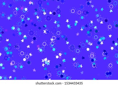Light Pink, Blue vector pattern with simple suns, stars. Stars, suns on blurred abstract background with gradient. Best design for your ad, poster, banner.