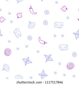 Light Pink, Blue vector seamless cover with cuisine gourmet. Fast Food on blurred abstract background with colorful gradient. Pattern for ads of breakfast, lunch, dinner.