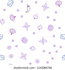 Light Pink, Blue vector seamless pattern with fresh ingredients. Fast Food on blurred abstract background with colorful gradient. Pattern for ads of breakfast, lunch, dinner.