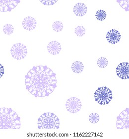 Light Pink, Blue vector seamless cover with beautiful snowflakes. Decorative shining illustration with snow on abstract template. Pattern for trendy fabric, wallpapers.