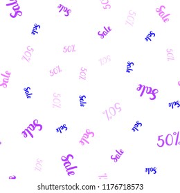 Light Pink, Blue vector seamless cover with symbols of 50 % sales. Colored words of sales with gradient on white background. Backdrop for ads, leaflets of Black Friday.