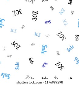 Light Pink, Blue vector seamless texture with selling prices 30%. Colored words of sales with gradient on white background. Template for season sales, shopping ads.