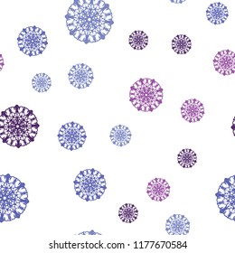 Light Pink, Blue vector seamless pattern with christmas snowflakes. Shining colored illustration with snow in christmas style. Pattern for trendy fabric, wallpapers.