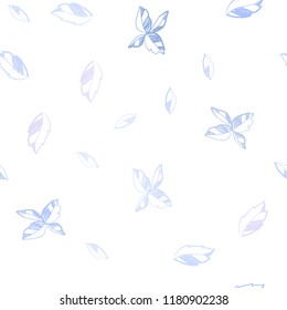 Light Pink, Blue vector seamless abstract backdrop with leaves. Glitter abstract illustration with doodles and leaves. Pattern for design of window blinds, curtains.