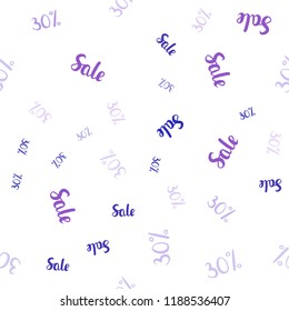 Light Pink, Blue vector seamless pattern with 30 percentage signs. Colored words of sales with gradient on white background. Backdrop for mega promotions, discounts.