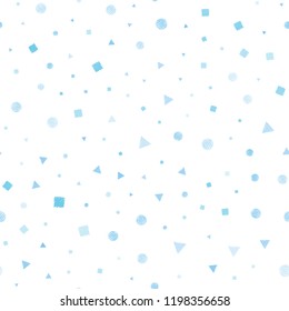 Light Pink, Blue vector seamless backdrop with lines, circles, rhombus. Illustration with set of colorful circles, triangles, squares. Pattern for trendy fabric, wallpapers.