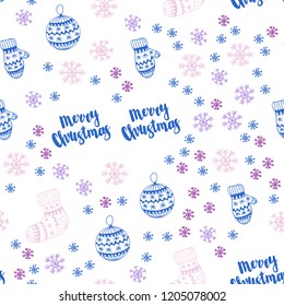Light Pink, Blue vector seamless pattern with christmas snowflakes, balls, socks, mittens. Colorful decorative design in xmas style. Design for wallpaper, fabric makers.