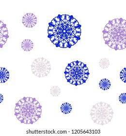 Light Pink, Blue vector seamless texture with colored snowflakes. Shining colored illustration with snow in christmas style. Pattern for trendy fabric, wallpapers.