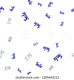 Light Pink, Blue vector seamless texture with selling prices 50 %. Colored words of sales with gradient on white background. Backdrop for super sales on Black Friday.