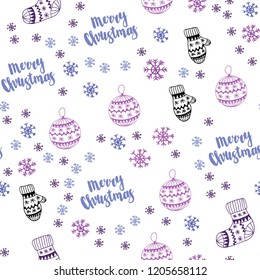 Light Pink, Blue vector seamless cover with beautiful snowflakes, balls, socks, mittens. Colorful xmas elements with gradient. Design for wallpaper, fabric makers.