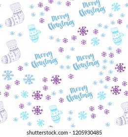 Light Pink, Blue vector seamless template with ice snowflakes, balls, socks, mittens. Modern geometric abstract illustration. Pattern for design of fabric, wallpapers.