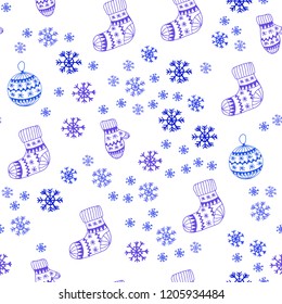 Light Pink, Blue vector seamless template with ice snowflakes, balls, socks, mittens. Colorful illustration with xmas symbols. Design for textile, fabric, wallpapers.