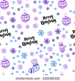 Light Pink, Blue vector seamless texture with colored snowflakes, balls, socks, mittens. Colorful decorative design in xmas style. Design for wallpaper, fabric makers.
