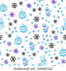 Light Pink, Blue vector seamless texture with colored snowflakes, balls, socks, mittens. Glitter abstract illustration with gradient. Design for wallpaper, fabric makers.