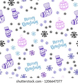Light Pink, Blue vector seamless texture with colored snowflakes, balls, socks, mittens. Colorful xmas elements with gradient. Design for wallpaper, fabric makers.