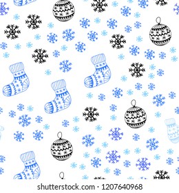 Light Pink, Blue vector seamless template with ice snowflakes, balls, socks, mittens. Glitter abstract illustration with gradient. Pattern for trendy fabric, wallpapers.