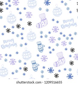Light Pink, Blue vector seamless layout with bright snowflakes, balls, socks, mittens. Modern geometric abstract illustration. Design for wallpaper, fabric makers.