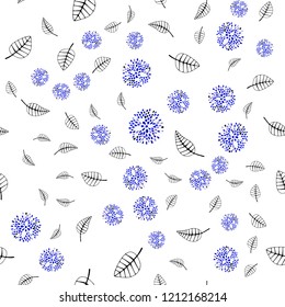 Light Pink, Blue vector seamless doodle background with leaves, flowers. Leaves, flowers in doodle style on white background. Pattern for design of window blinds, curtains.