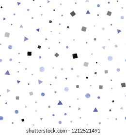 Light Pink, Blue vector seamless template with crystals, circles, squares. Abstract illustration with colorful dots, lines, cubes. Pattern for design of window blinds, curtains.