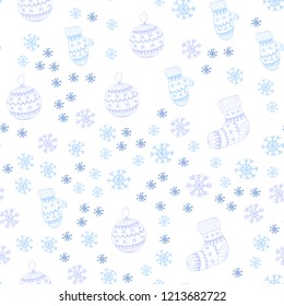 Light Pink, Blue vector seamless background with xmas snowflakes, balls, socks, mittens. Modern geometric abstract illustration. Template for business cards, websites.