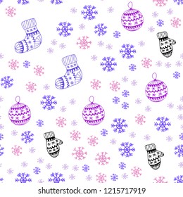 Light Pink, Blue vector seamless texture with colored snowflakes, balls, socks, mittens. Colorful xmas elements with gradient. Pattern for trendy fabric, wallpapers.