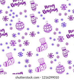 Light Pink, Blue vector seamless texture with colored snowflakes, balls, socks, mittens. Colorful decorative design in xmas style. Template for business cards, websites.