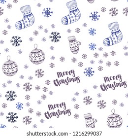 Light Pink, Blue vector seamless layout with bright snowflakes, balls, socks, mittens. Glitter abstract illustration with gradient. Pattern for trendy fabric, wallpapers.