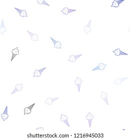 Light Pink, Blue vector seamless background with ice-cream cones. Glitter abstract sketch with ice-cream cones. Template of a black hot beverage in a cafe.