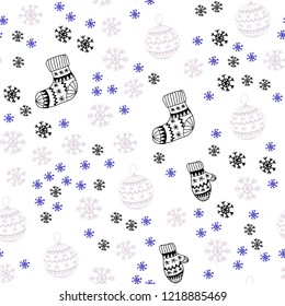 Light Pink, Blue vector seamless cover with beautiful snowflakes, balls, socks, mittens. Colorful xmas elements with gradient. Pattern for trendy fabric, wallpapers.