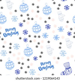 Light Pink, Blue vector seamless pattern with christmas snowflakes, balls, socks, mittens. Colorful decorative design in xmas style. Design for textile, fabric, wallpapers.
