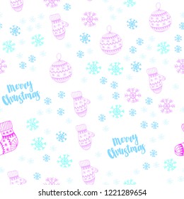 Light Pink, Blue vector seamless layout with bright snowflakes, balls, socks, mittens. Glitter abstract illustration with gradient. Pattern for design of fabric, wallpapers.