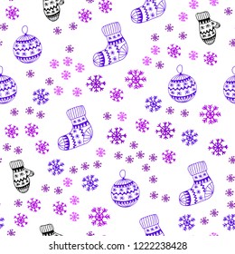 Light Pink, Blue vector seamless background with xmas snowflakes, balls, socks, mittens. Colorful decorative design in xmas style. Design for wallpaper, fabric makers.